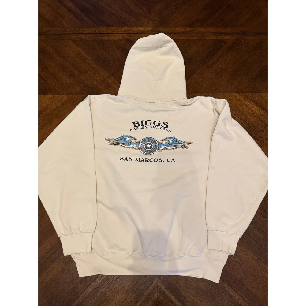 Harley-Davidson Hoodie Mens XL Cream Biggs San Marcos CA 2006 Graphic Pullover - Picture 2 of 6